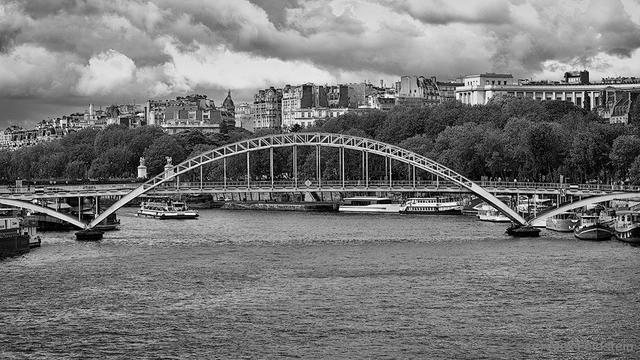 Passerelle Debilly pedestrian bridge over the Seine river in Paris
B&W