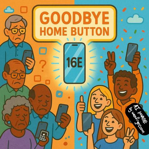 A colorful cartoon illustration showing the generational divide over Apple's latest iPhone 16E. On the left side, older adults with gray hair and glasses look sad and confused while holding older iPhones with home buttons. Some frown or hold flip phones. On the right side, younger people cheer and smile while holding modern smartphones without home buttons, flashing peace signs and thumbs-up. In the center, a large glowing iPhone 16E is displayed under the bold text "GOODBYE HOME BUTTON." The background is decorated with cheerful confetti, icons, and clouds. The image has a playful, comic style with warm orange and blue tones. A small label reads "AI IMAGE by wesfryer.com."