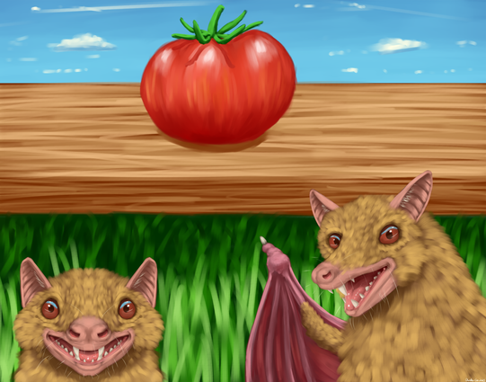 A portrait showing two quite happy egyptian fruit bats. One of the left is facing forward with a big smile on their face, and the other is on the right facing forward and to the left. they both look towards the viewer excitedly while the one on the right points behind them towards a large tomato sitting on a wooden bench above some grass.  The sky behind is partly cloudy.