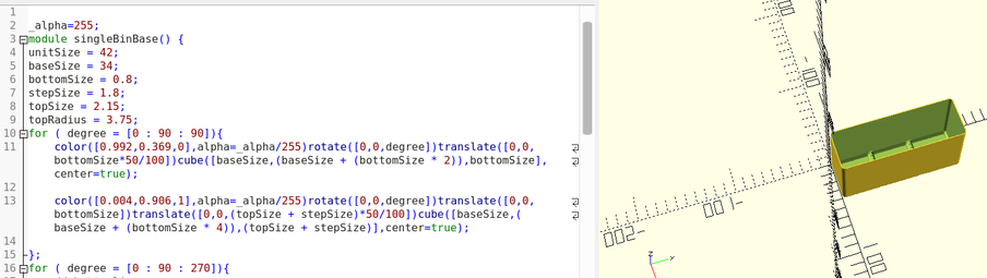 Start of OpenSCAD generated SCAD file and rendered preview of it showing a 1x3 GridFinity bin stl