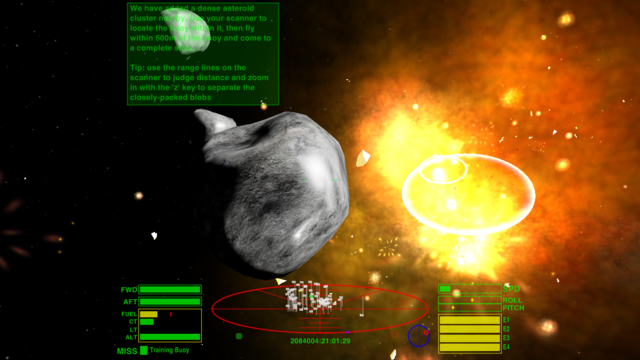 🕶️ A view of his IU with a 1st-person view into space. The ship is facing an asteroid, and in the background there appears to be an explosion.

📚️ Oolite is a libre, multi-platform space simulation inspired by the classic game Elite, in which the player travels in space to trade and wage war. In the tradition of open-world games, there is no pre-defined scenario, the player can be a millionaire trader, a seasoned fighter, a dreaded pirate, a lone miner, a notorious smuggler, or all at the same time, or anything else, depending on his or her own actions.