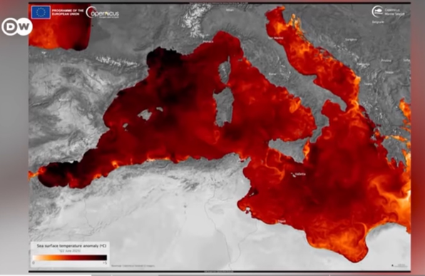 Mapa térmico del mediterraneo que muestra zonas de temperaturas altas en los litorales ibéricos y galos.