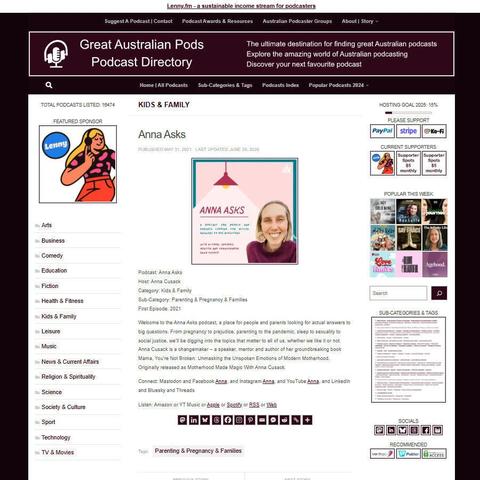 Anna Asks
Screenshot of the podcast listing on the Great Australian Pods website