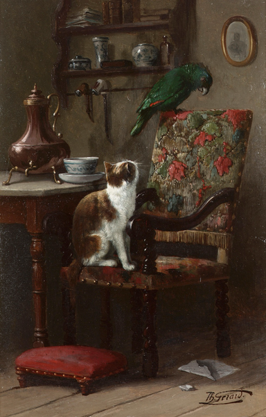 Vertical composition, interior domestic scene, portrait of a brown and white cat sitting on a wooden chair with fabric upholstery looking up at a large green Amazon parrot perched in side profile on top corner of chair back; wood panel floor below with red cushioned footstool and torn white envelope, wooden table to left with copper pot and blue & white cup and saucer, wooden rack with additional kitchen ware on wall, oval framed picture to right on wall