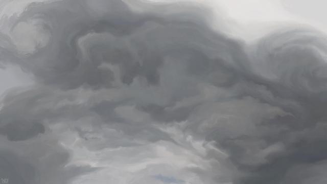 Digital painting of a jumble of dark grey clouds, curling in and out around one another. The clouds have jagged edges on their extremities.