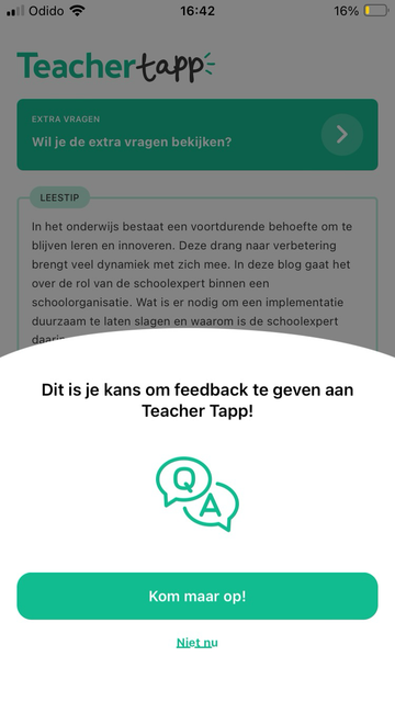 Schermafbeelding van Teacher Tapp met de uitnodiging om feedback te geven aan Teacher Tapp.