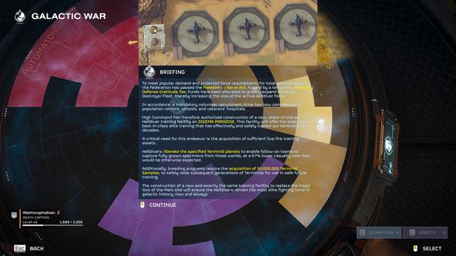 Briefing from the fake military in the game that would take way too long to type out so I'll summarize it with faux-patriotic phrases like "mandatory volunteer recruitment" and "new, state of the art training facility that is exactly like the rest" and "Freedom to Serve act" and "Planetary Defense Gratitude Tax."