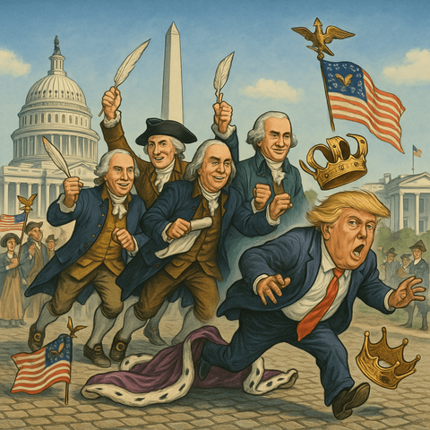 An illustration depicting several Founding Fathers, including George Washington, pursuing a running Donald Trump, who is wearing a crown and a royal cape. The U.S. Capitol and an obelisk are visible in the background, along with an American flag. The scene conveys a satirical theme regarding Trump's leadership and the Founding Fathers' principles.