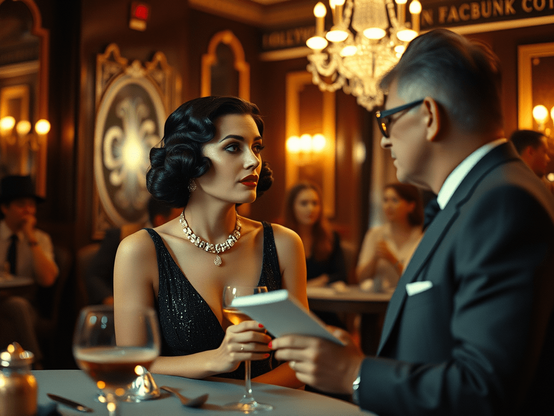 Una mujer con cabello ondulado y atuendo elegante conversa con un hombre en un ambiente de restaurante lujoso, con luces suaves y un decorado clásico.