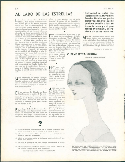 Una página de revista de los años 30 que presenta un artículo sobre las estrellas de Hollywood y los chismes relacionados con su vida personal. Incluye ilustraciones y referencias a celebridades como Joan Crawford y Greta Garbo.
