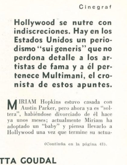 Texto de una publicación que discute la relación entre Hollywood y las indiscreciones, mencionando a la cronista Multimani y a la actriz Miriam Hopkins.