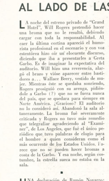 Artículo que relata un evento humorístico fallido en el estreno de "Grand Hotel" con Will Rogers y Greta Garbo.