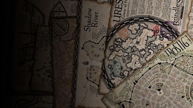 A graphic showing multiple fantasy maps half-piled on each other.