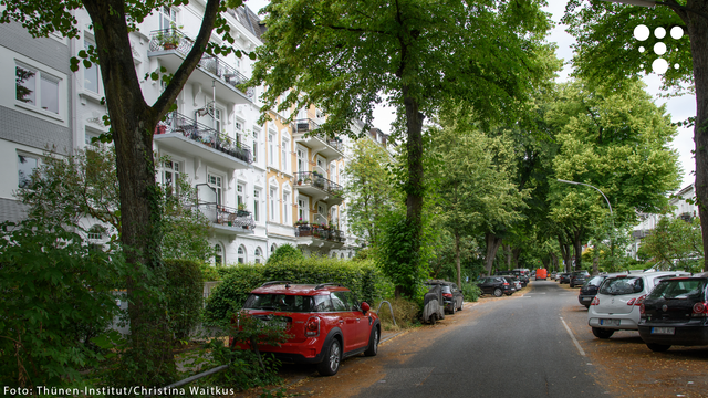 Straße mit parkenden Autos vor mehrstöckigen Wohnhäusern, umgeben von grünen Bäumen.