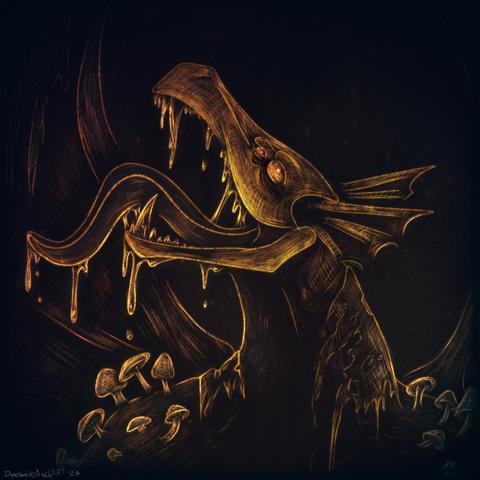 Digital illustration of a four eyed bog dwelling dragon with their drooling tongue sticking out and glowing mushrooms growing from their shoulders.
The image has a stylized yellow green tint to it.

Artfight attack for KCDragons