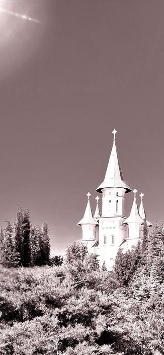 A sepia-toned, vertical image featuring a striking monastery building set against a clear sky, with numerous trees and foliage in the foreground.
