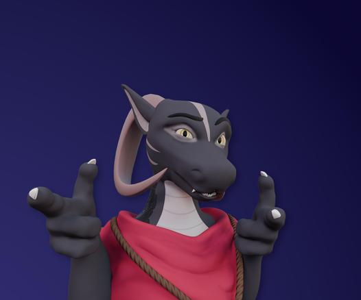 Kobold bust looking at viewer doing a double fingergun gesture