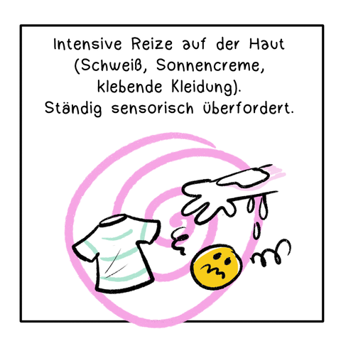 2. Panel: Der Text lautet: Intensive Reize auf der Haut (Schweiß, Sonnencreme, klebende Kleidung). Ständig sensorisch überfordert. Darunter ist ein T-Shirt zu sehen, ein Arm mit Sonnencreme und ein Smiley, der sehr erschöpft aussieht. Hinter den Illustrationen ist eine rosa Spirale