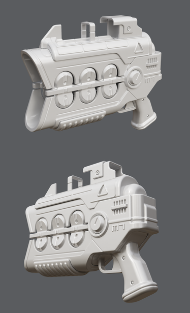 Screenshot of the SDF Modeler 3D editor, showing a science-fiction plasma gun model in progress.