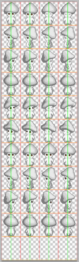 A vertical sprite sheet showing a grayscale character resembling a small mushroom creature with a large cap-shaped head and a small body. The sheet contains multiple animation frames organized in rows and columns. Each row shows the character in a different pose or facing direction: front, side (left and right), and back. The columns capture various frames of movement for walking or idle animations. A green vertical line runs through the center of each sprite, and a red grid outlines each frame.