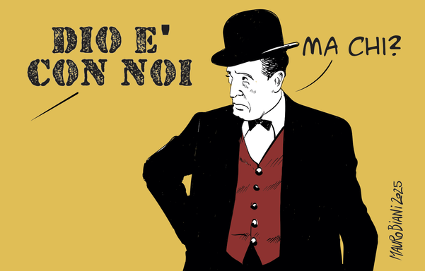 Voce fuori campo: DIO E' CON NOI.
Totò risponde: Ma chi?
