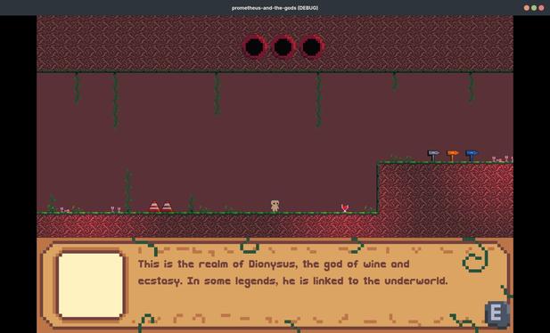 The player is surrounded by vines, grasses, and wine glasses that emanate a red light. Traffic cones are to the left of the player. A dialogue box reads, “This is the realm of Dionysus, the god of wine and ecstasy. In some legends, he is linked to the underworld.”
