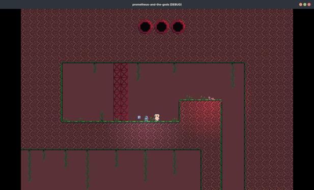 Player stands before a stone totem emanating a white light. Facing the player is a red steel barrier. Vines and wine glasses surround the player.