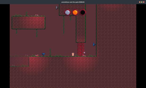 The player faces a red steel barrier, a interact key indicator “F” appears to the right. Vines and wine glasses surround the player. The barrier glows red