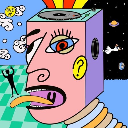 Album artwork for TRIPI HAPA BEATS by Cookin Soul, featuring a surreal cubist-style human head with a turntable on top, a speaker on the side, and abstract eyes, mouth, and ears. The background blends a checkered floor, whimsical clouds, and outer space with planets and Earth.