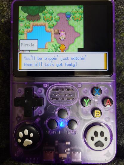 An R36D console showing Pokémon Unbound on its screen. The text says "Y'all be trippin just watchin them all! Let's get funky!"