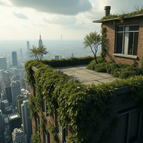 Rooftop Jungle

"Empty skyscraper rooftop completely overtaken by wild vegetation, lush green vines spilling over the ledges, small birch tr