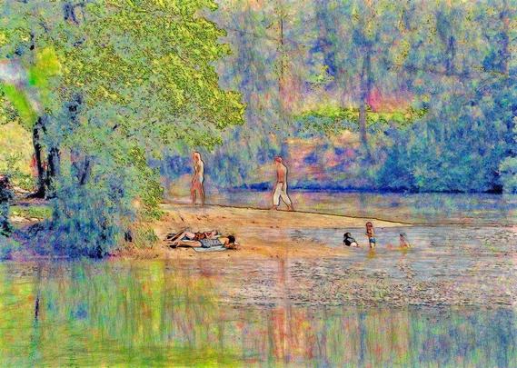 Bearbeites Foto das nun aussieht wie eine Zeichnung: Blick auf eine Insel im See, umgeben von Bäumen, am Ufer Sandstrand mit Menschen, im Wasser spielen Kinder.

Edited photo that now looks like a drawing: view of an island in the lake, surrounded by trees, sandy beach with people on the shore, children playing in the water.