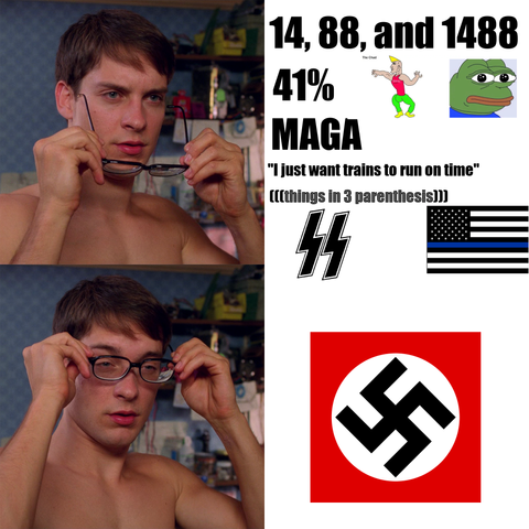 Two images of the spiderman glasses meme, the first has spiderman without his suit holding glasses. There is text next to it saying “14, 88, and 1488, 41%, MAGA, I just want the trains to run on time, and the words things in 3 parenthesis in 3 parenthesis”. There is also an image of chad, pepe, the two nazi lighting bolts, and the thing blue line flag. The second panel with him putting those glasses on and a swastika next to it”.
