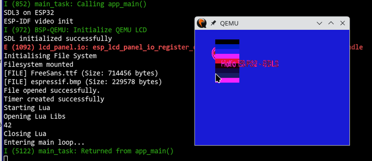 An emulated ESP32 running SDL3 example code.
