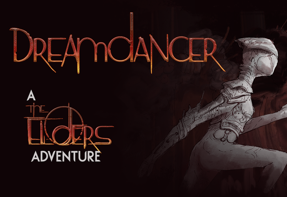 The title image of the Dreamdancer TTRPG. It shows a pale figure ona  dark, reddish background with mysterious biological structures. The figure is clad in a mix of scifi armour and organic overgrowth, running swiftly to screen right. The title Dreamdancer is written above the subtitle that it's an Elders adventure.