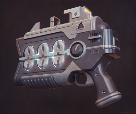 3D rendering of a science-fiction plasma gun design.