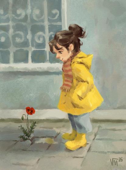 Digital painting by Victoria Maderna of a girl with a yellow raincoat looking at a poppy growing through the cracks of a paver stone.