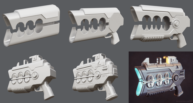 Creation phases of a 3D science-fiction plasma gun design.