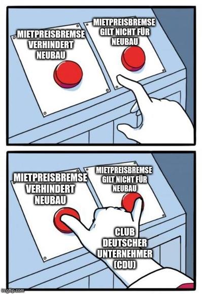 Meme: im oberen Bilder eine weiß behandschuhte Hand die sich scheinbar nicht zwischen den Knöpfen "Mietpreisbremse verhindert Neubau" und "Mietpreisbremse gilt nicht für Neubau" entscheiden kann.

Im unteren Bild drückt die Hand beide Knöpfe gleichzeitig. Die Hand ist mit "Club deutscher Unternehmer (CDU)" beschriftet.