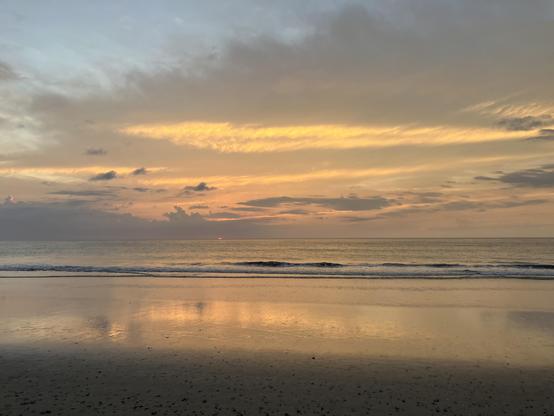 The ocean just before the sun rises. Cloudy, mostly yellow sky is reflected in the relatively still water which blends into a dark beach with a single small wave breaking towards the camera