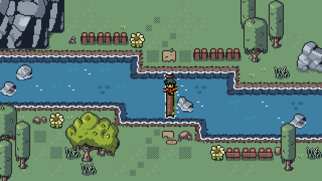 Pixelart image of a boy balancing on a wooden log over a river.