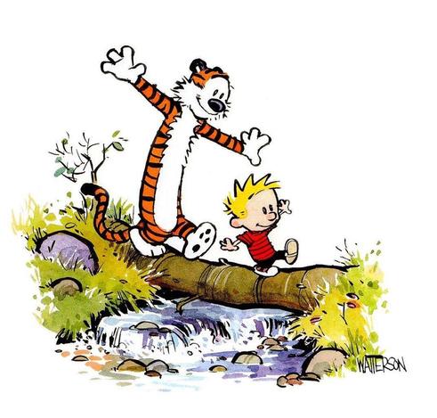 Classic Calvin & Hobbes image of both of them crossing a river over a wooden log.