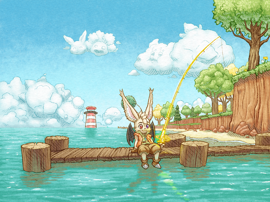 Digitally-handmade artwork featuring an Ivalice Moogle original character sitting at the edge of a wooden pier, content and relaxing by fishing with a radiant, golden fishing rod. A red-and-white striped lighthouse sits far on the horizon line, under a blue sky partially filled with clouds resembling Final Fantasy 14 mascots, such as Chocobos, a Moogle, a Carbuncle, and few others.