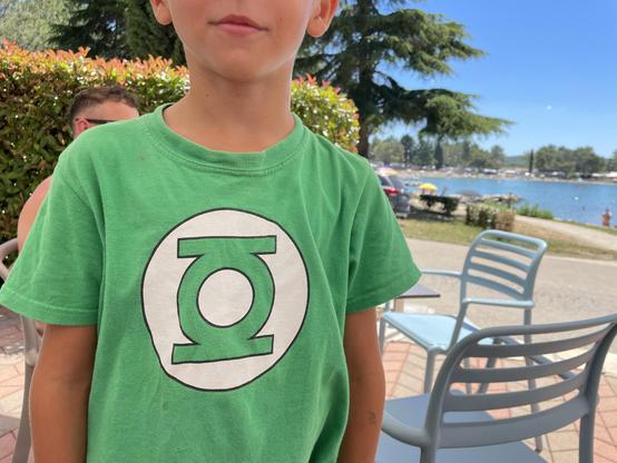 Un giovane indossa una maglietta verde con il logo del Green Lantern, un simbolo bianco con un cerchio e un'antenna verticale. La maglietta è di un verde brillante e il logo è ben visibile al centro. Sullo sfondo, si vede un paesaggio estivo con un lago, alberi e una persona seduta a una tavola all'aperto. Le sedie sono di plastica grigia e il cielo è azzurro, suggerendo un giorno di sole.