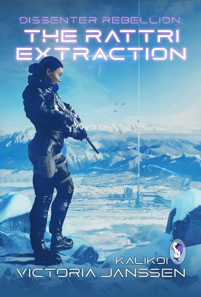Cover by Augusta Scarlett features a black woman in winter gear holding a futuristic rifle, pointed at the ground; she's looking down at a snowy landscape featuring mountains, distant spaceships, and an orbital elevator. The whole thing is in shades of blue, with purple in the title.