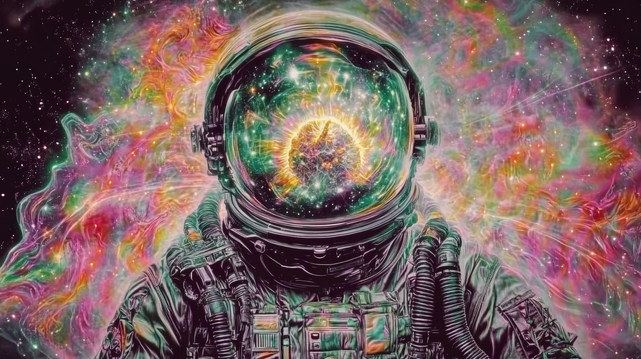 Floraison Cosmique.
Astronaute perdu dans l’espace avec un univers psychédélique et une explosion d’étoiles à l’intérieur du casque.
Astronaut adrift in space with a psychedelic universe and a burst of stars inside the helmet.
