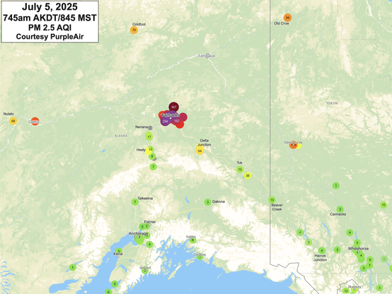 Map of Alaska and the Yukon Territory showing reported PM2.5 AQI values at about 745am AKDT/845am MST Sunday, July 6, 2025.