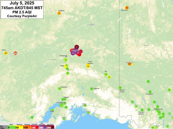 Map of Alaska and the Yukon Territory showing reported PM2.5 AQI values at about 745am AKDT/845am MST Sunday, July 6, 2025.