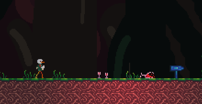 pixel art duck is running, floor is covered in grass and red wine glasses. A blue sign points to the right.