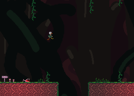Pixel art duck is jumping over a ledge, there are lots of grasses and vines on the floor as well as some vines coming from the ceiling. A grey sign points to the right.